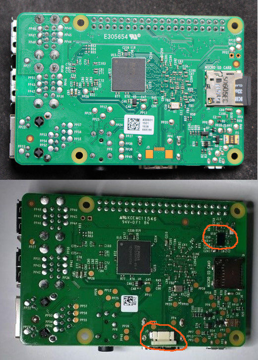 Raspberry Pi 2 (Top) vs Raspberry Pi 3 (Bottom)