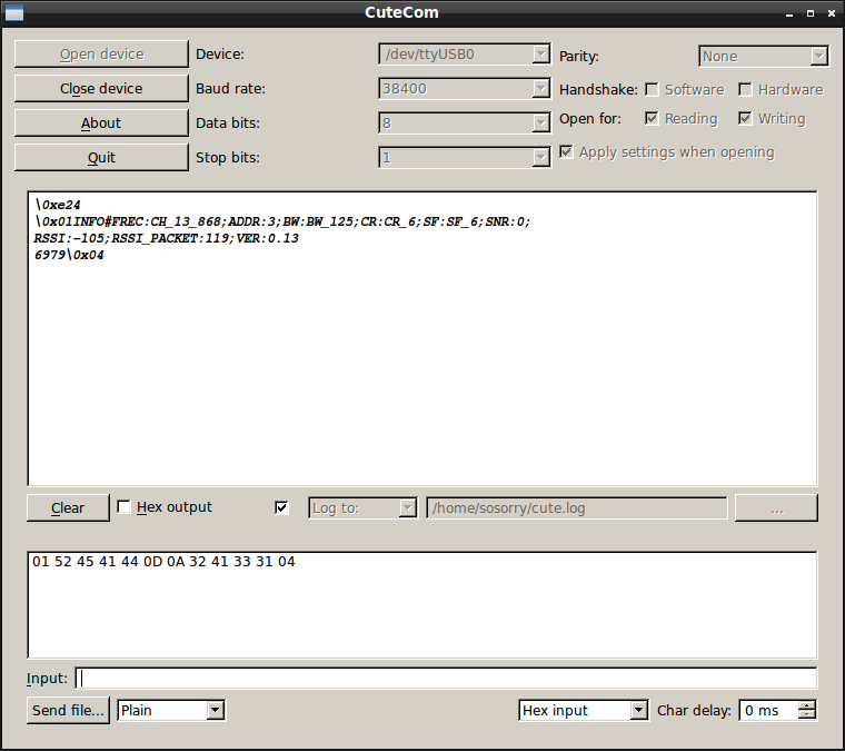 在 CuteCom 傳送 READ 指令到 LoRa Gateway