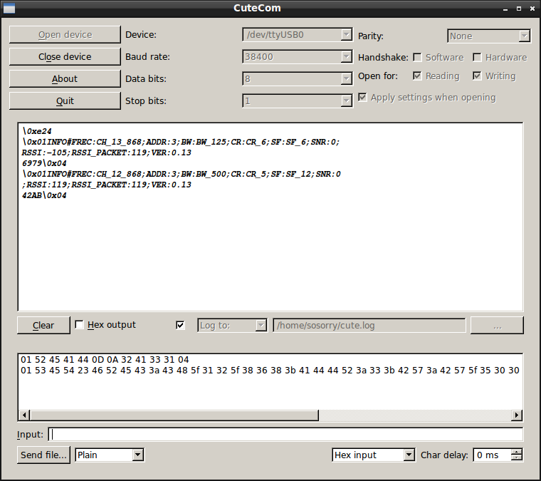 在 CuteCom 傳送 SET 指令到 LoRa Gateway